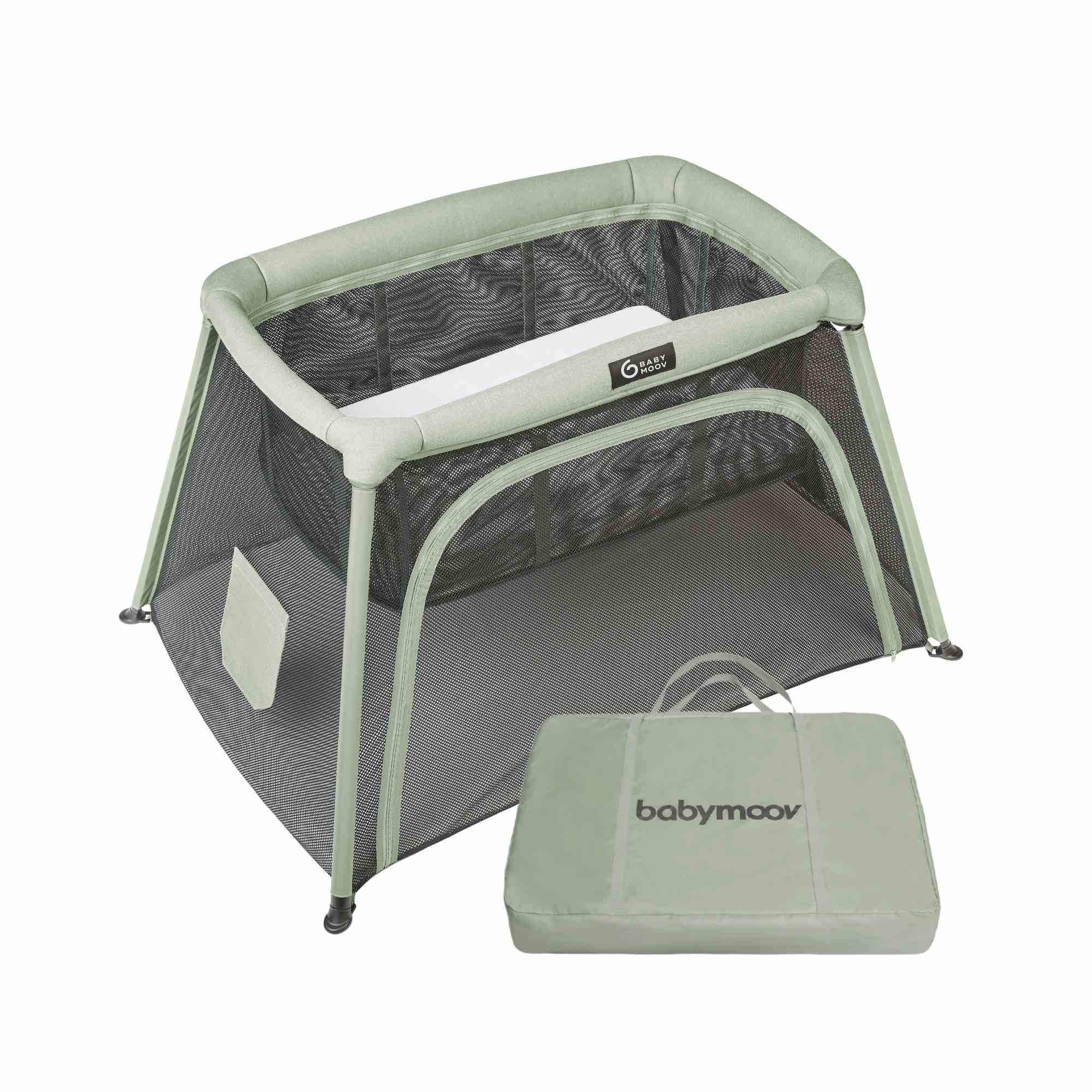 #color_sage Portable baby playpen with carrying case on a white background