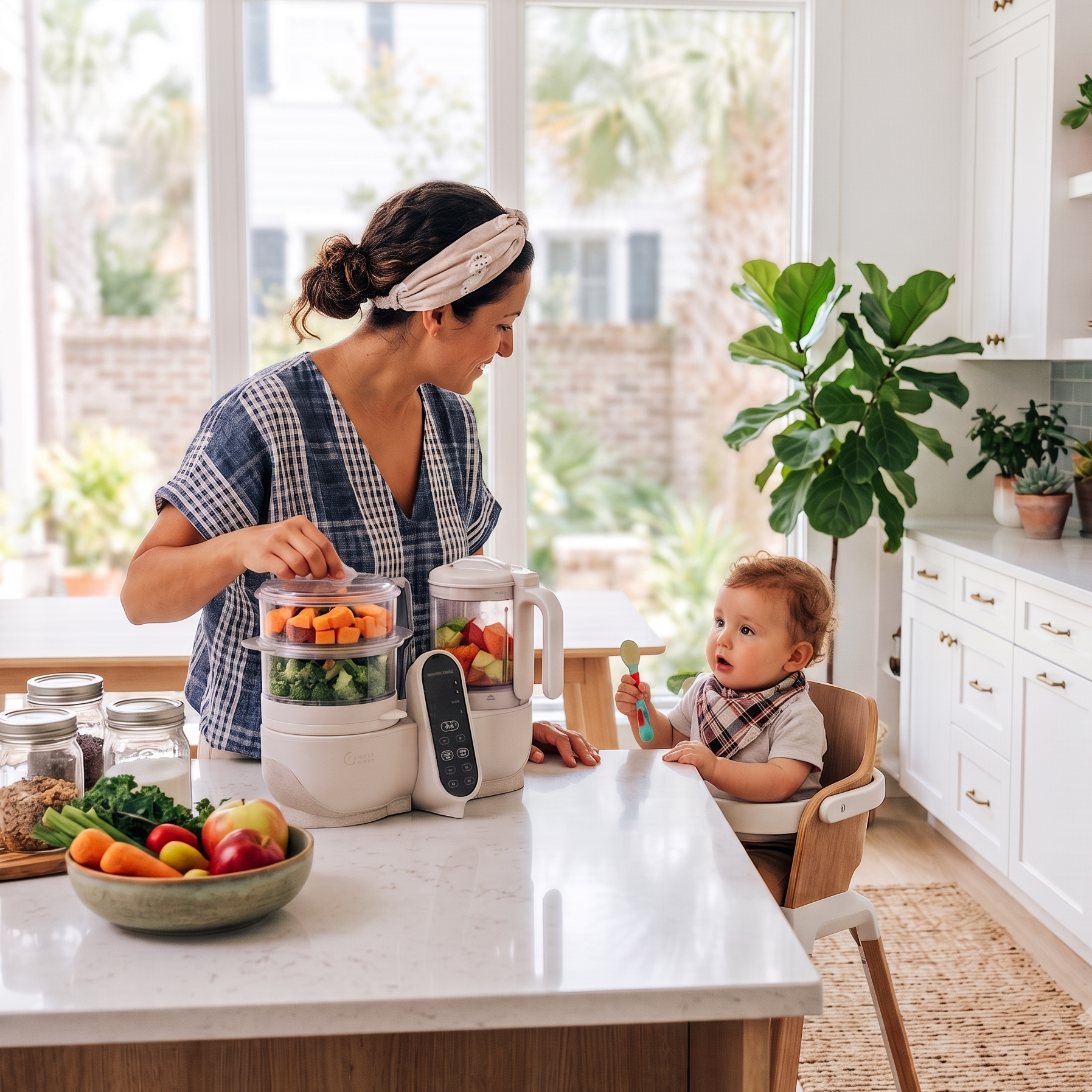 A woman in a kitchen prepares baby food using a white baby food maker, while a baby sits in a wooden high chair next to her. The kitchen is bright and modern with white cabinets, a marble countertop, and fresh vegetables.