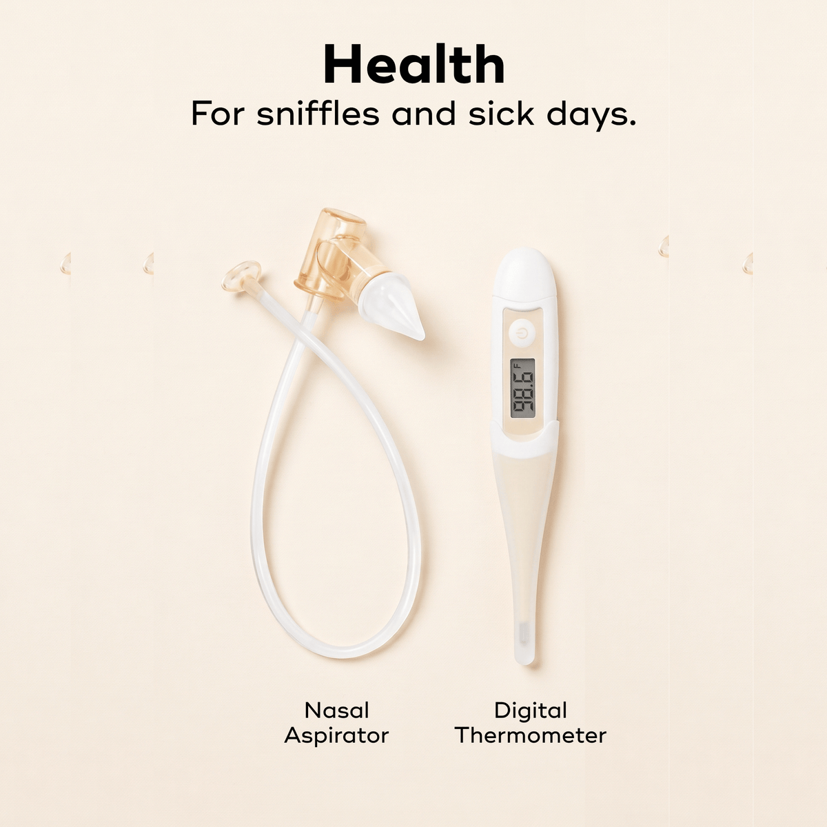Contents of the Babymoov baby grooming kit: digital thermometer and nasal aspirator