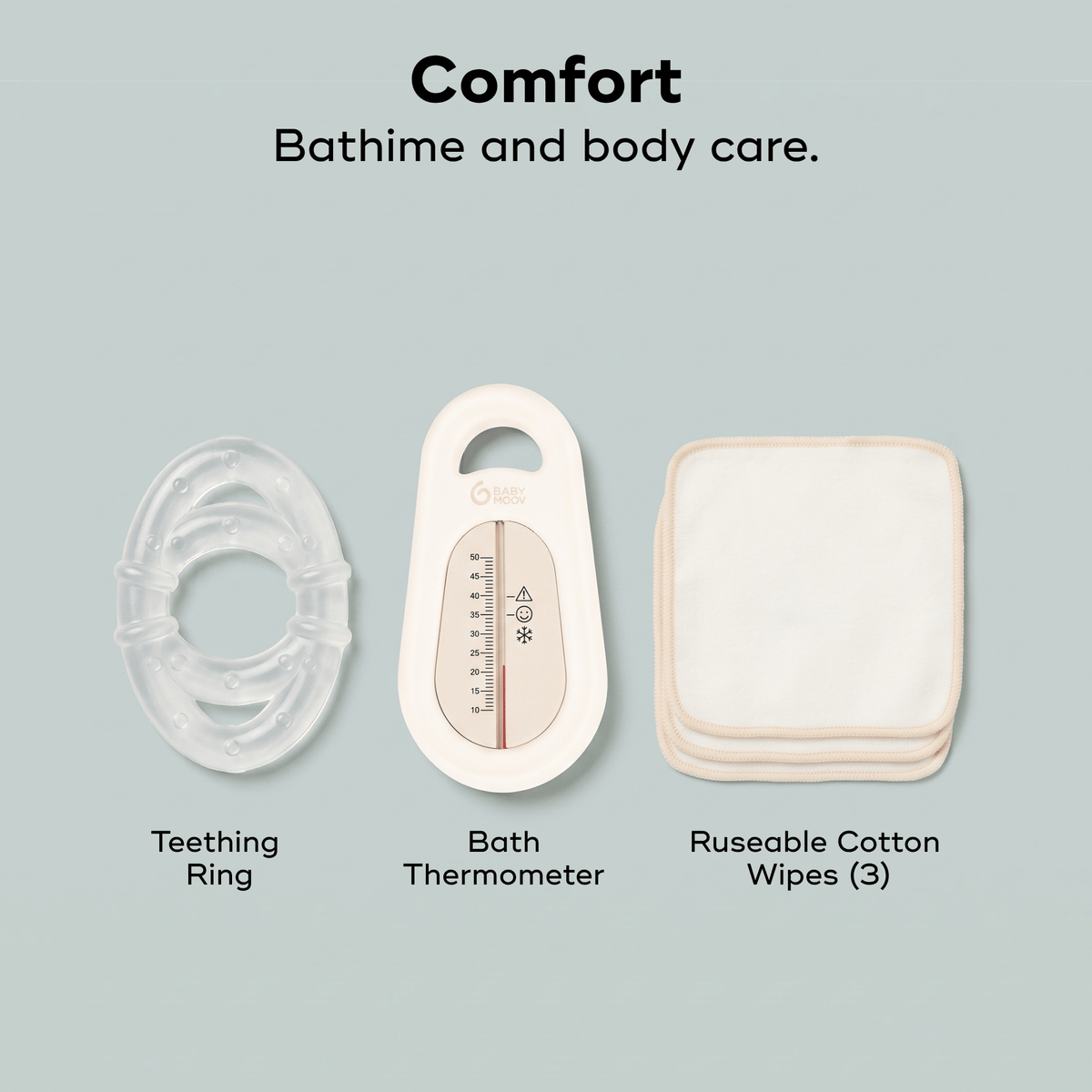 Contents of the Babymoov baby grooming kit: teething ring, bath thermometer, reusable cotton wipes